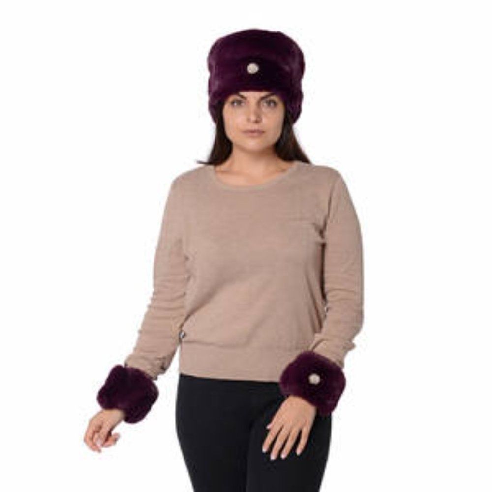 Faux Fur Hat and Cuff Pair w Plastic Pearl Brooch Wine